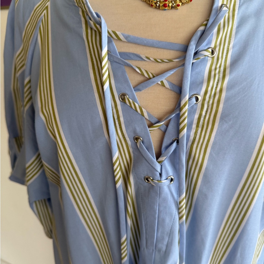 Maxi dress in 100% cotton , light blue with white and sage green stripes ,used 1